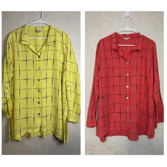 JOHN MARK Windowpane Plaid Roll Tab Sleeve Tunic Blouse Boho Casual XL Lot Of 2 - Picture 1 of 16